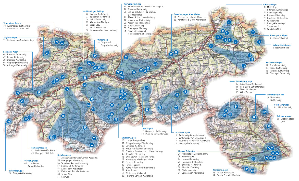Übersichtskarte Tiroler Klettersteige